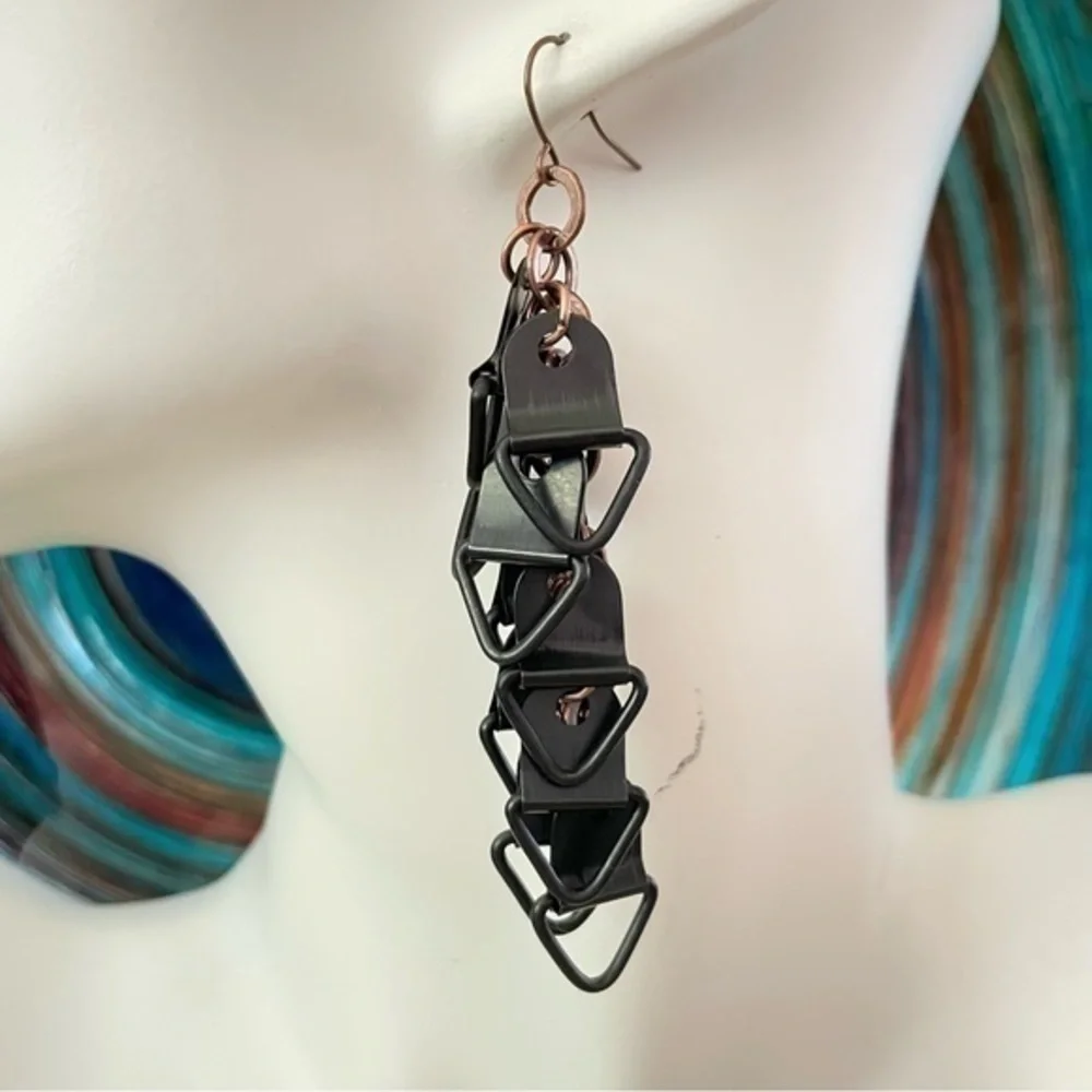 2/$29 Handmade Black Copper Mixed Metal Dangling Earrings 3.5” Upcycled NWT